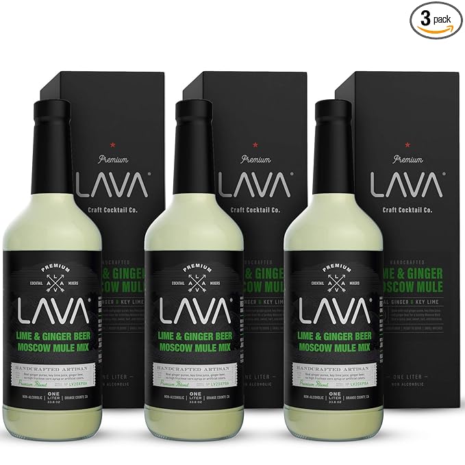 (3 Pack) LAVA Premium Spicy Moscow Mule Mix by LAVA Craft Cocktail Co., Made with Ginger Beer, Key Lime Juice, Real Ginger Puree, No Artificial Sweeteners, Ready to Use, 1-Liter (33.8oz) Glass Bottle