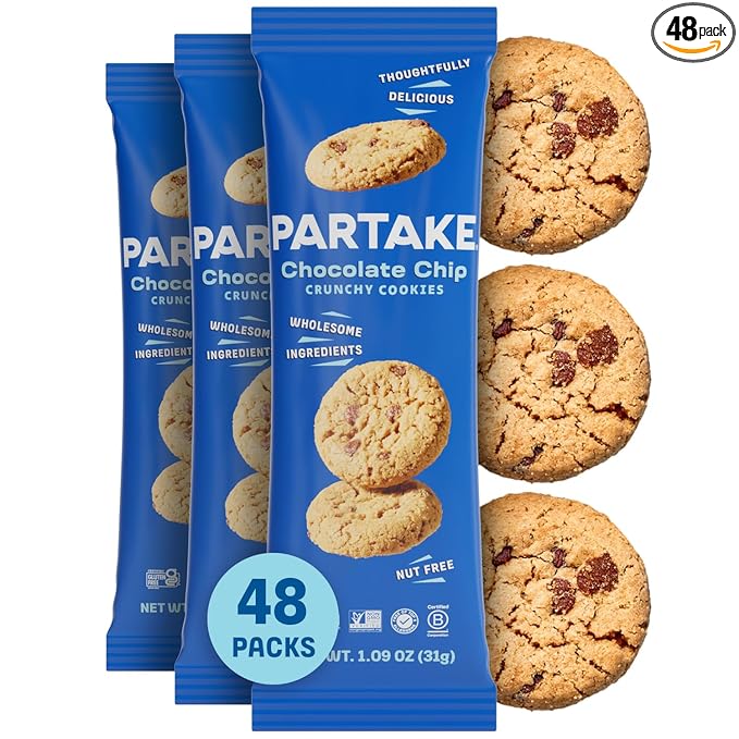Gluten Free Partake Crunchy Chocolate Chip Cookies - Vegan - Free From the Top 9 Allergens Including Dairy, Wheat, Soy, Eggs, & Peanuts - Safe School & Office Snack (48 Packs, 1.09 oz)