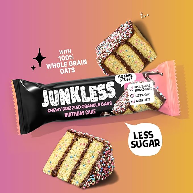 JUNKLESS Chewy Granola Bars Twin Pack – Chocolate Chip & Drizzled Birthday Cake (12 Bars)–Less Sugar, Non-GMO, Gluten-Free, Wholesome Snack Bars for Kids & Adults, 2 Boxes
