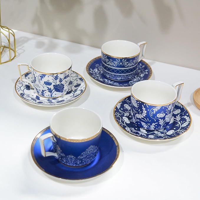 ACMLIFE Bone China Tea Cups and Saucers Set of 4, 6.8 oz Blue and White Tea Cups Set of 4, with Gold Trim and Gift Box (Blue-4)