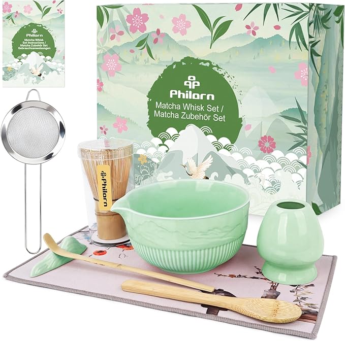 PHILORN Matcha Whisk Set 9Pcs Ceramic Matcha Kit Matcha Bowl with Spout, Whisk, Holder, Bamboo Scoop, Scoop Rest, Sifter and Tea Towe for Matcha Lover and Tea Ceremony (Cyan)