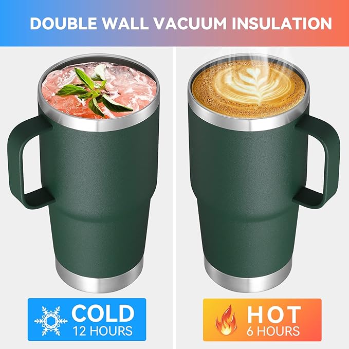 VEGOND 20 oz Tumbler Bulk with Handle Lid and Straw, Stainless Steel Insulated Travel Coffee Mug Set, Spill Proof Double Wall Metal Tumblers Cups, Dark Green 12 Pack