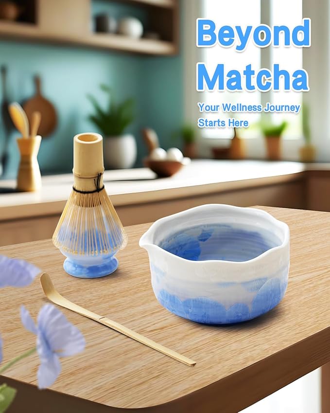 Natural Crystal Flower Matcha Set - 4 Pcs Food Grade Matcha Kit with Spouted Bowl, Matcha Whisk, Scoop and Chasen Holder - Matcha Tea Ceremony Gift for Matcha Lovers (Mist Azure)