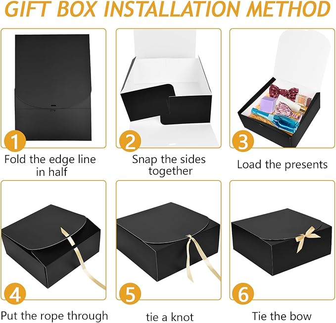 8Pack Large Gift Boxes with Lids, 12x12x5 Inches Bridesmaid Proposal Box With Ribbon, Black Boxes For Gifts, Paper Gift Box For Presents, Wedding, Bridal Shower, Birthday Party