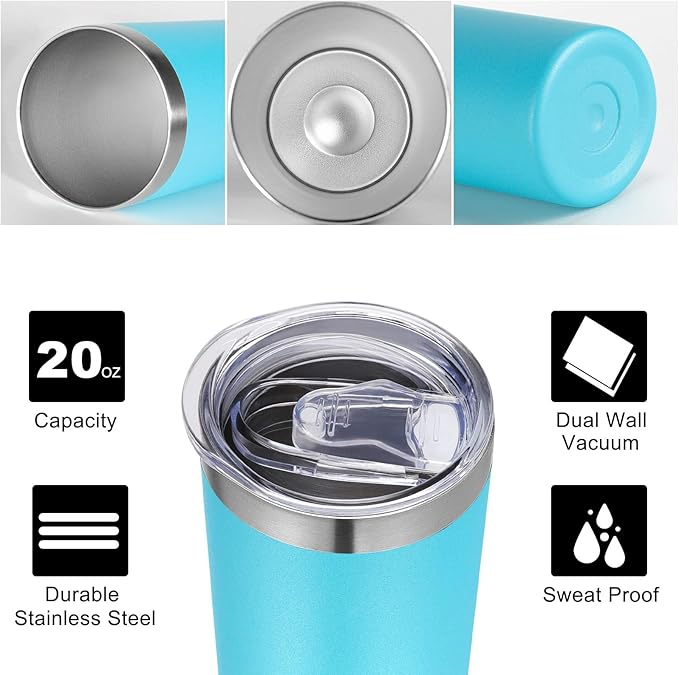 VEGOND Stainless Steel Tumblers Bulk 6 Pack, 20 oz Vacuum Insulated Skinny Tumblers with Lid and Straw, Double Wall Coffee Mug, Travel Water Cup, Blue