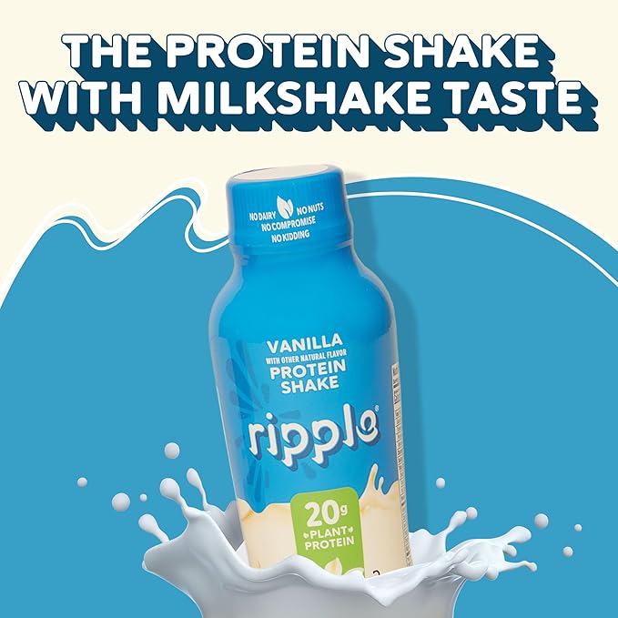 Ripple Vanilla Plant Based Protein Shake | 20g of Quality Sourced Pea Protein, Calcium & Iron Rich | Shelf Stable | Vegan & Non GMO | Dairy, Soy, Nut, & Gluten Free | 12 Fl Oz Bottles (Pack of 12)