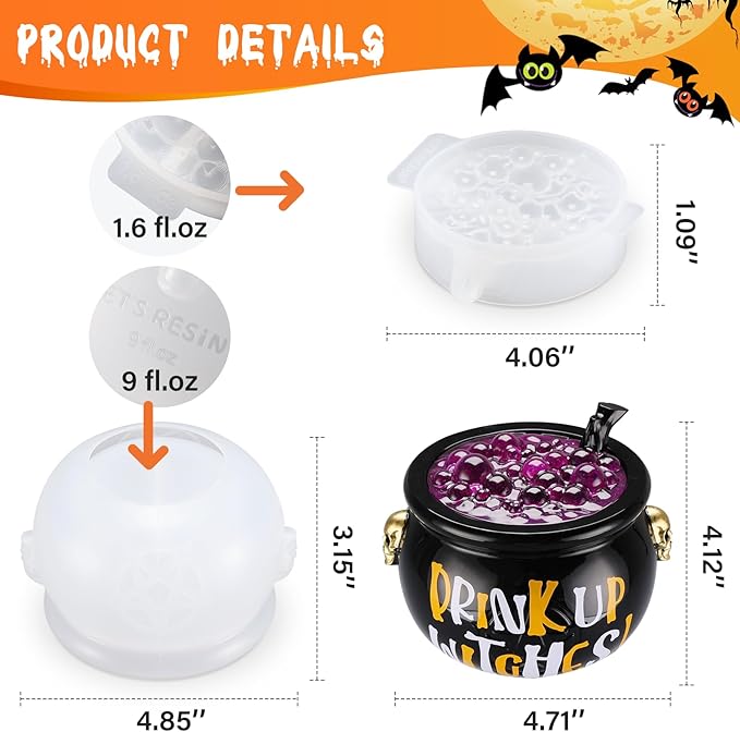 LET’S Resin Witch Cauldron Resin Mold, Halloween Resin Molds, 3D Jar Resin Molds Silicone 4.7'' Width, Large Jar Molds for Epoxy Resin Casting Craft, Storage Box,Candy Container,Candle Holder