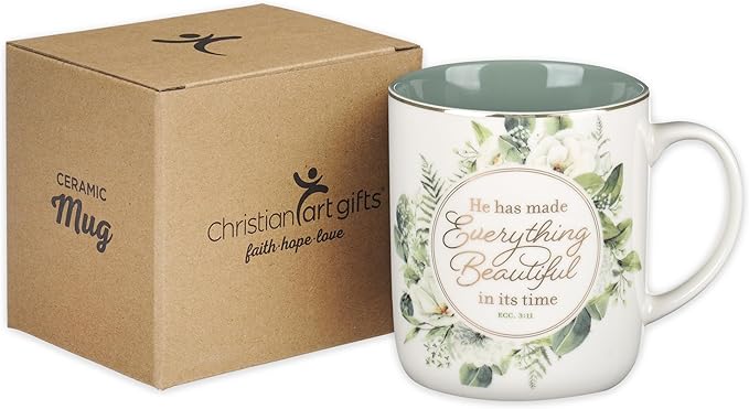 Christian Art Gifts Large Ceramic Inspirational Coffee & Tea Scripture Mug for Women: Everything Beautiful Encouraging Bible Verse, Sturdy, Novelty Non-Toxic Beverage Cup, White & Green Floral, 14 oz.
