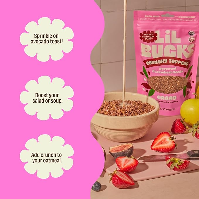 Lil Bucks Sprouted Regeneratively Grown Buckwheat Seeds– Paleo Cereal, Gluten-Free Granola, High in Protein, Low Sugar, Organic Superseed Crunch (CACAO, 6 Pack)