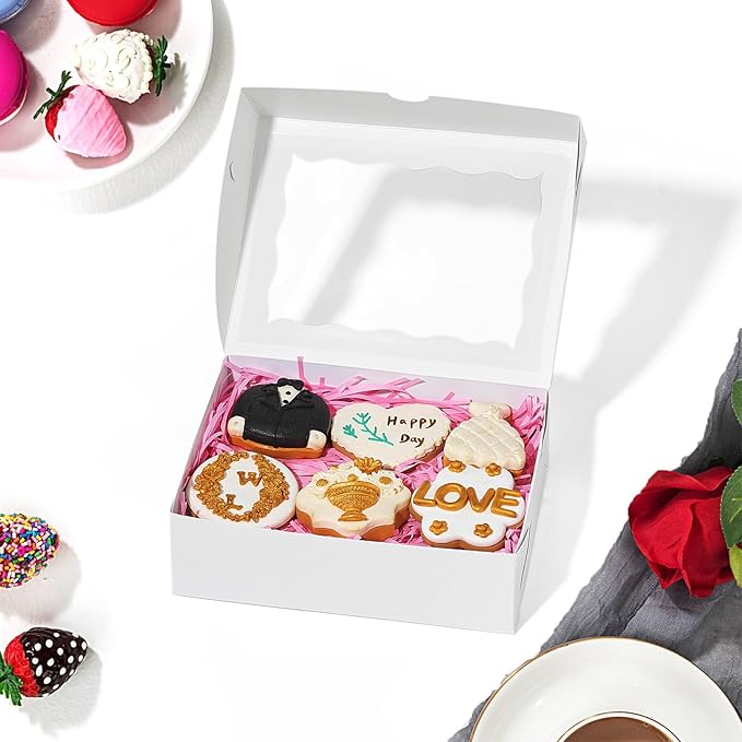 8x6x2.5 Inch 50PCS Baking Boxes with Window for Pastry,Treat,Macaron,Dount,Cookies,Chocolate Covered Strawberries,White Bakery Boxes Strawberry Boxes,Muffins