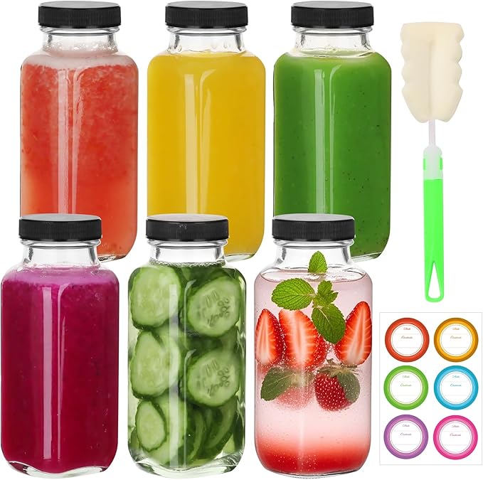 BIGIVACA 8 oz Glass Juice Bottles with Lids,6 PACK Bottles for Juicing,Square Drinking Jars Glass for Coffee,Cola,Milk,Tea in Travel,Work,School
