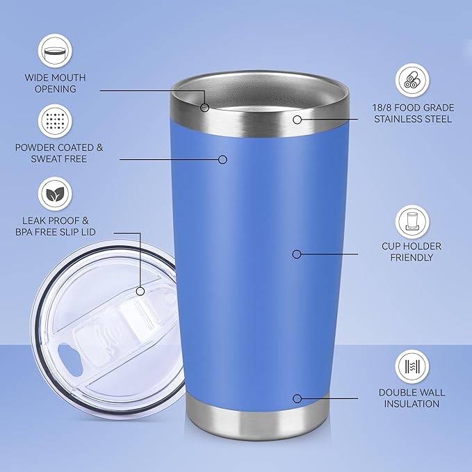 20 oz Tumbler Stainless Steel Tumblers Bulk with Lid Double Wall Insulated Coffee Tumbler Cups for Hot & Cold Drinks Powder Coated Travel Coffee Tumbler Mug Metal (Azure, 1 pack)