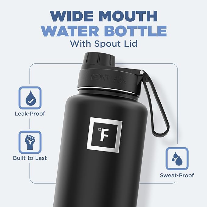 IRON °FLASK Camping & Hiking Hydration Flask with 3 Lids - Stainless Steel, Double Walled & Vacuum Insulated Water Bottle - Leak Proof & BPA Free (Midnight Black, Spout - 32 oz)