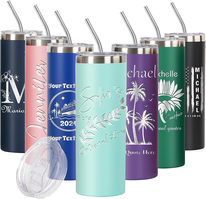 Personalized 20oz Skinny Tumbler: Engraved, Stainless Steel, Insulated, Leak-Proof Lid & Straw, Hot/Cold for Hours, Ideal for Coffee, Water, Wine, Gift for Birthdays, Weddings, Christmas, (25 designs)