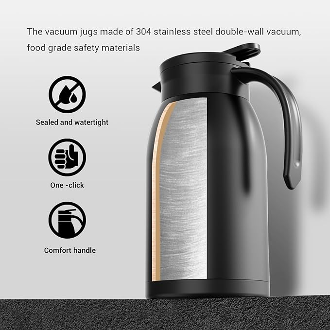 41 Oz Thermal Coffee Carafe Stainless Steel Insulated Thermos Double Wall Vacuum Flask Leak-Proof Thermos for Travel Office School Party Camping Use Black