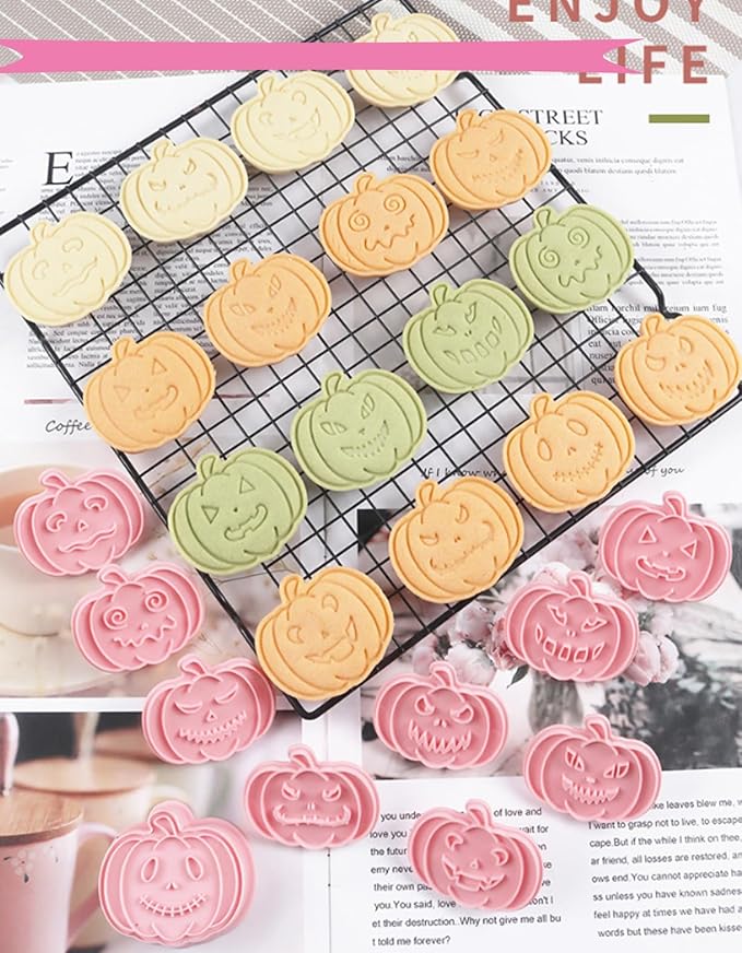 10 Pcs Halloween Cookie Cutters Set with Plunger Stamps, 3D Pumpkin Plastic DIY Cookie Molds for Halloween Party Treat, Baking, Fondant, Cake Decor (F10)
