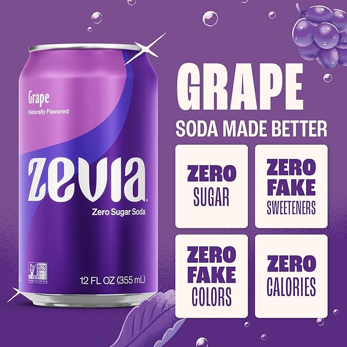 Zevia Zero Sugar Soda, Grape, 12 oz Cans (24-Pack) – Naturally Sweetened, Zero Calorie Sugar Free Soda - Non-GMO Project Verified, Gluten-Free, Vegan