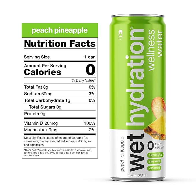 Wet Hydration | Functional Wellness Water, Non-Carbonated - Peach Pineapple (12 Ounce Cans, Pack of 12) - Flavored Water, Hydration Drink, No Sugar, No Artificial Ingredients, Zero Calories (Packaging May Vary)