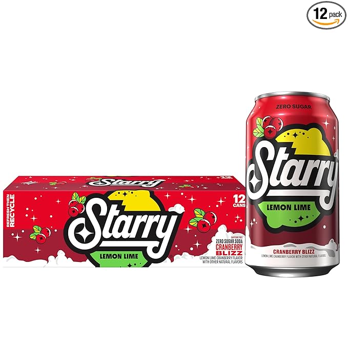Starry Zero Sugar Cranberry Blizz Soda, Caffeine Free, 12 Fl Oz Cans (Pack of 12)