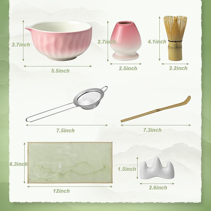 7-Pcs Matcha Whisk Set - Ceramic Matcha Set Includes Bowl,Whisk,Holder,Bamboo Scoop,Scoop Rest,Sifter & Tea Towel – Japanese Traditional Tea Kit for Beginners & Tea Lovers (Gradient Pink)