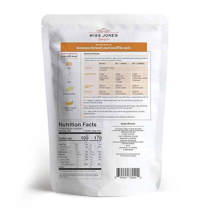 Miss Jones Baking Gluten Free Banana Bread & Muffin Mix - 50% Lower Sugar, Real Banana, Naturally Sweetened Desserts & Treats, 10.57 Ounce (Pack of 1)