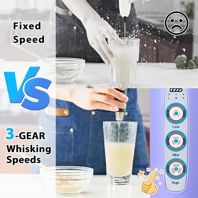 Milk Frother Handheld Rechargeable - Electric Whisk 3 Speed Adjustable, Coffee Frother Wand with 3 Stainless Whisks, Electric Foam Maker, Drink Mixer Blender for Latte Cappuccino Matcha Egg