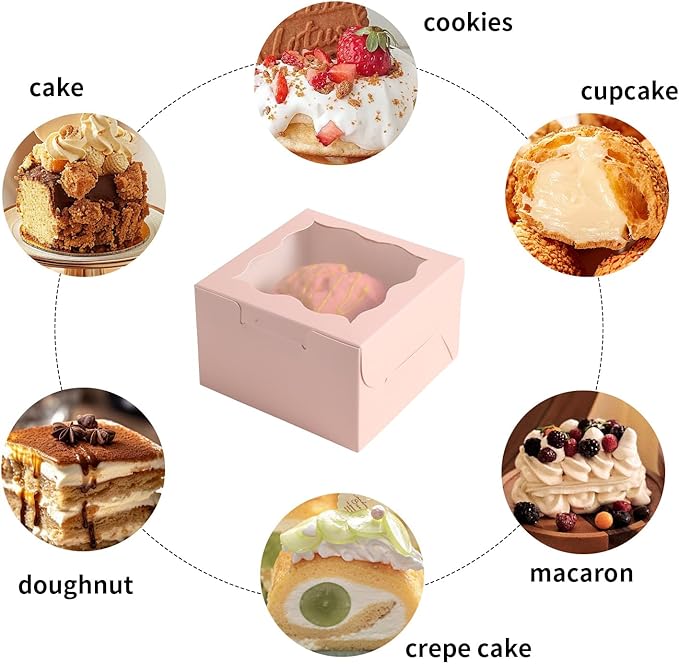 25pcs Pink Small Cake Box,4x4x2.5 Inch Bakery Boxes with Window,gift boxes bulk for Mini Cake Pastry Dessert Strawberries Chocolates Cupcakes with Stickers