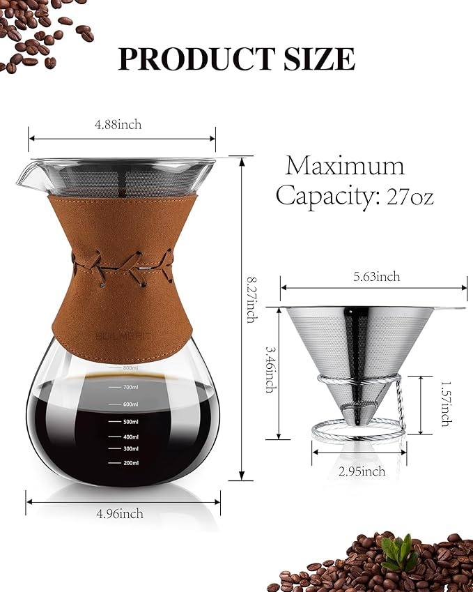 Pour Over Coffee Maker with Double-Layer Stainless Steel Filter - 27 oz Pour Over Coffee Dripper with Leather Collar, Heat Resistant 5 Cups Glass Coffee Carafe with Cork Lid for Hand Brewing Lovers