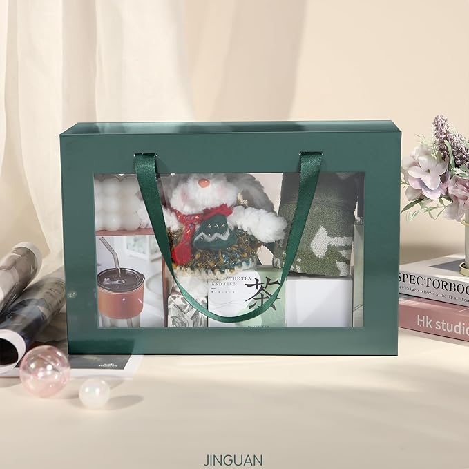 Large Green Clear Gift Box, 13.5x9x4.1 Inches Gift Box with Window by Handle, Bridesmaid Proposal Box, Collapsible Gift Box with Magnetic Closure (Glossy Green, 1 Pack)