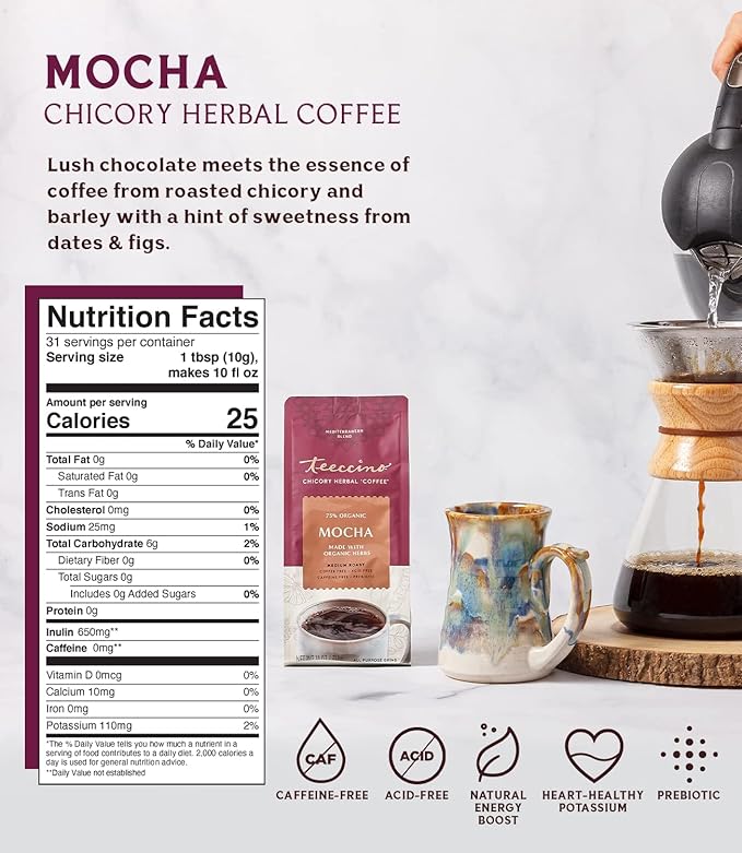 Teeccino Mocha Chicory Coffee Alternative - 11 Ounce - Ground Herbal Coffee That’s Prebiotic, Caffeine-Free & Acid Free, Medium Roast, (Pack of 3)