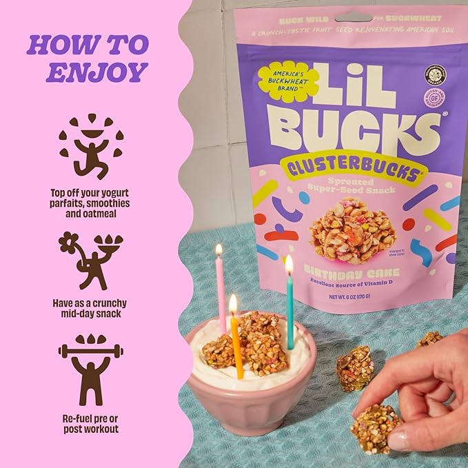 Clusterbucks Superfood Clusters – Grain-Free, Keto-Friendly Granola with Regeneratively Grown Sprouted Buckwheat– Gluten-Free, Low-Carb, Organic Healthy Snack (3-Pack, Birthday Cake)