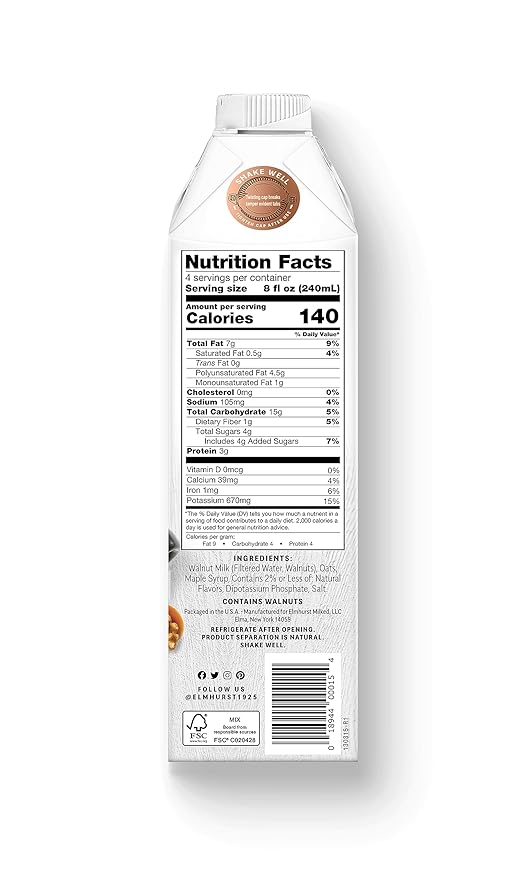 Elmhurst 1925 Maple Walnut Milk Barista Edition – 32 Ounce (Pack of 6) Plant-Based, Extra Creamy, Vegan, Dairy-Free, Non-GMO, Kosher, Sweetened with Real Maple Syrup for Flavorful Lattes & Iced Drinks