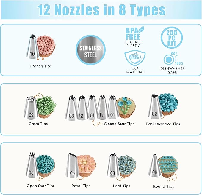 Cake Decorating Supplies Kit Tools 255pcs, Cake Decorating Set with Cake Turntable, 12 Numbered Icing Piping Tips, Cookie Cutters, Icing Smoother & Other Accessories for Cake Decoration (Blue-255 PCS)