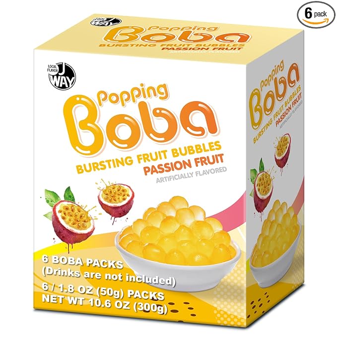 J WAY Bursting Popping Passion Fruit Boba Pearls, Passion Fruit Syrup, Non-Dairy, Fat-Free Popping Tapioca Boba for Beverages, Sweets, Ice Cream, 1.8oz (Pack of 6)