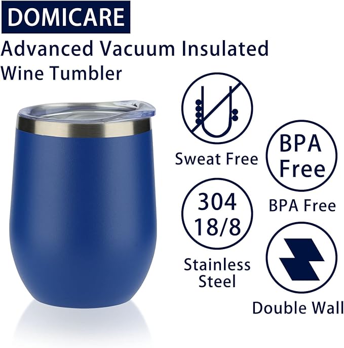 DOMICARE Stainless Steel Wine Tumbler Bulk with Lid, Personalized Insulated Tumblers Set, 12oz Travel Coffee Cups Pack of 1, Dark Blue