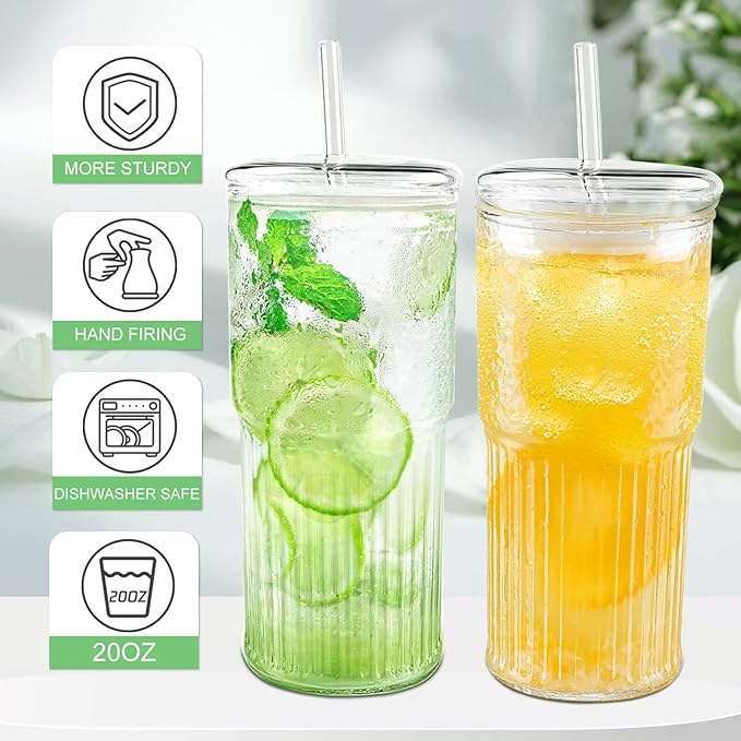 Glass Cups with Lids and Glass Straws, High Borosilicate 20OZ Tumblers (4Pcs) for Coffee, Tea, Juice, Smoothies, Hot/Cold Drinks at Home, Office