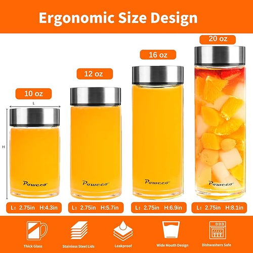 16oz Glass Juice & Water Bottles 6-Pack with Lids- Wide Mouth Reusable Borosilicate Glass- for Juicing, Smoothies, Protein Shakes, Blender & Shaker Bottle- Refillable & Dishwasher Safe(16 oz/500ml)