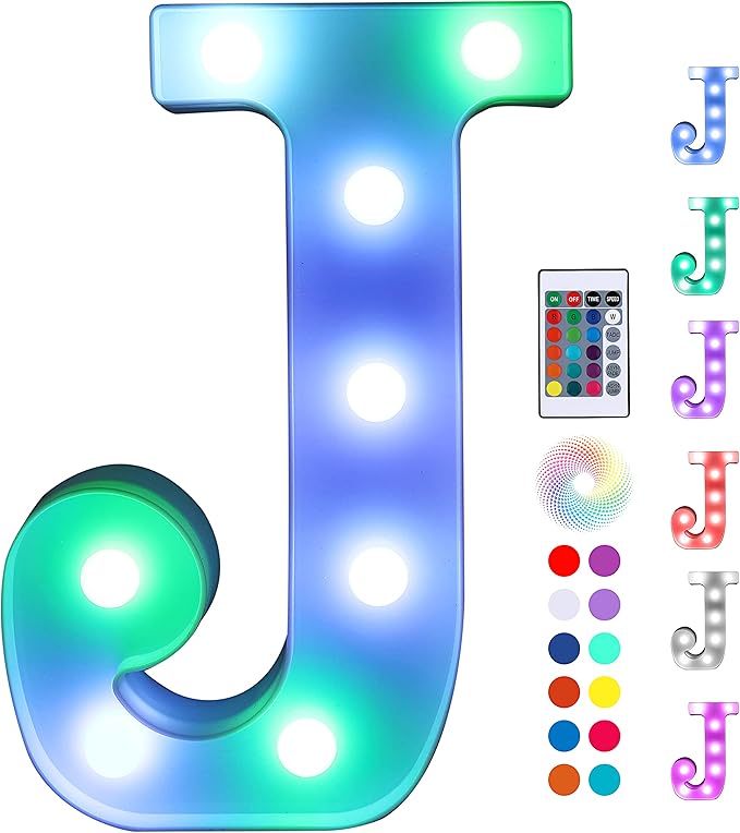 Foaky Colorful LED Letter Lights with Remote,Marquee Light Up Letters Sign for Night Light Wedding/Birthday Party Battery Powered Christmas Lamp Home Bar Decoration(J)