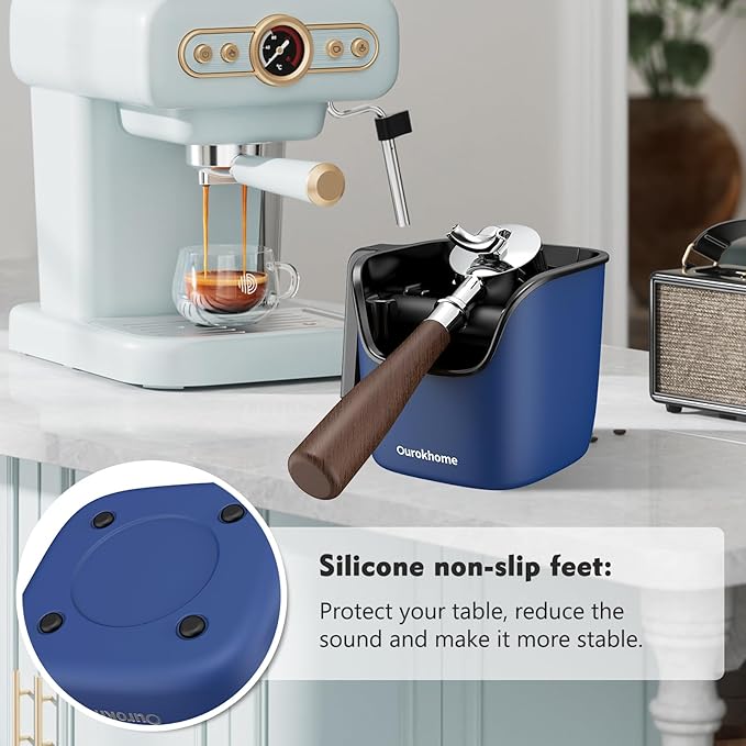 Ourokhome Knock Box Espresso Accessories, The Latest Patented Stainless Steel Espresso Machine Tool for Coffee Ground with Removable Knock Bar, Handle and Lid, Dishwasher safe, 4.8 inch (Deep Blue)