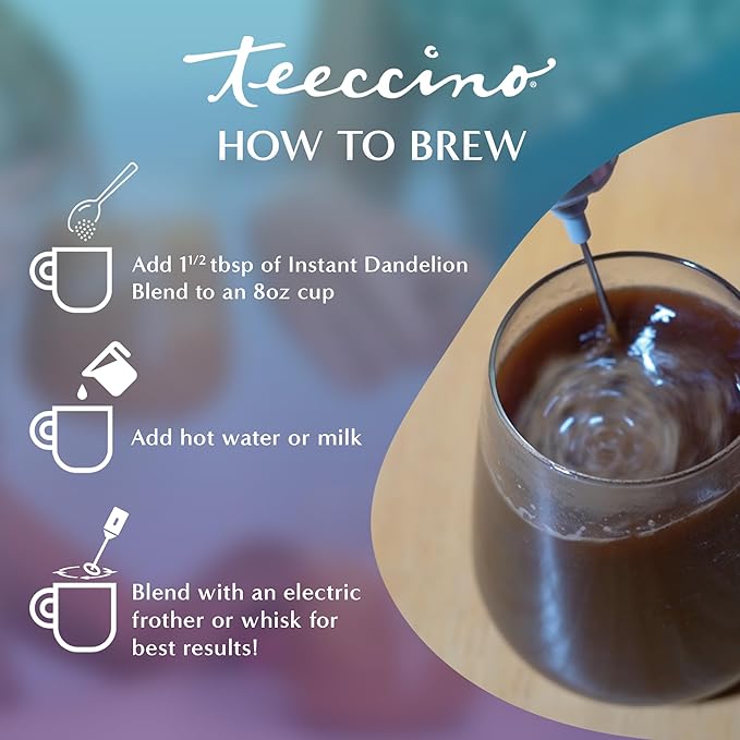 Teeccino Instant Organic Dandelion Blend – 33 servings – Gluten Free Instant Microground Herbal Coffee with Chicory & Dandelion Roots That’s Prebiotic, Caffeine-Free, and Acid-Free – 3.5 ounces