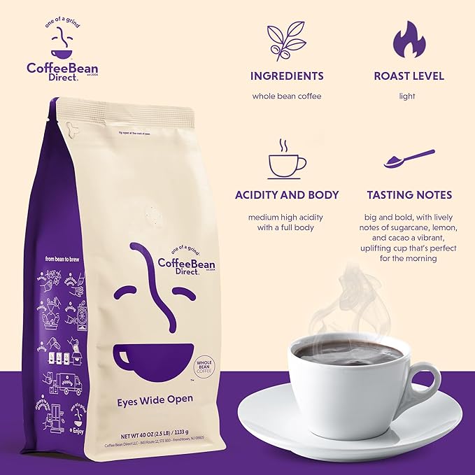 Coffee Bean Direct Eyes Wide Open, Whole Bean Coffee, Light Roast, 2.5 Pound Bag (Pack of 1)