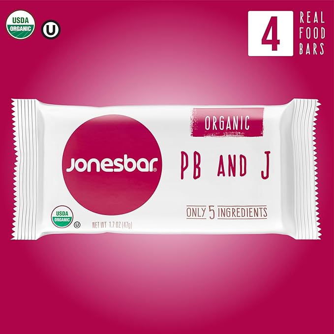 JONESBAR (Peanut Butter & Jelly, 4 Count (Pack of 1)), USDA Organic Fruit & Nut Bar, Non-GMO, Kosher, Vegan, Gluten Free, Simple Snack Bar