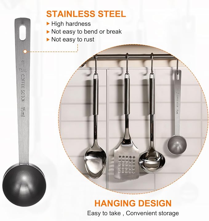 HARFINGTON 2pcs Coffee Scoop Spoon 1tbsp (3tsp, 15ml) 304 Stainless Steel Long Handle Teaspoon/Tablespoon Measuring Spoons Scoops for Tea Sugar Kitchen, Black