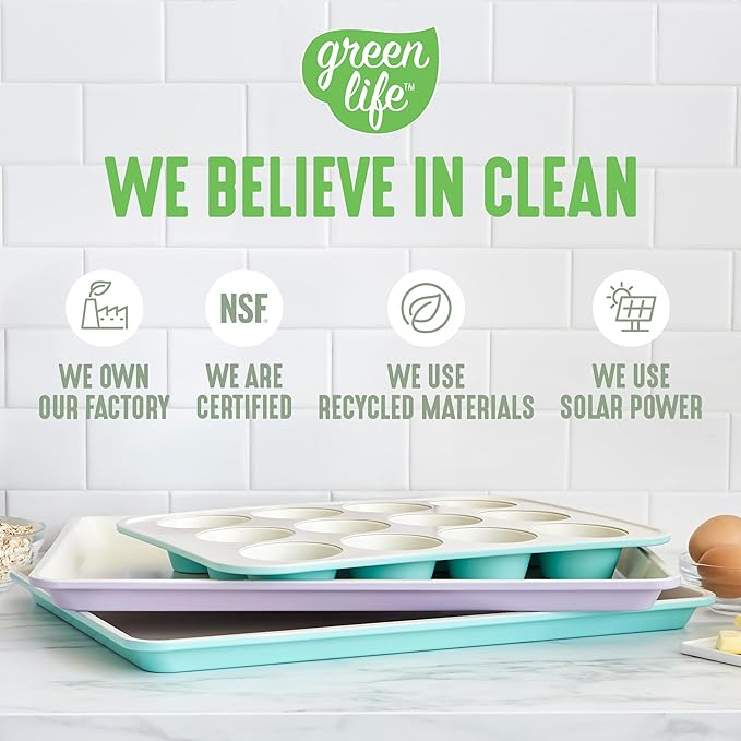 GreenLife 12-Cup Muffin Pan, Healthy Ceramic Nonstick Bakeware, PFOA & PFAS-Free Cupcake Tray, Durable Baking Pan, Versatile Kitchen Essential, Easy Clean Muffin Mold, Nonstick Baking Sheet, Sage