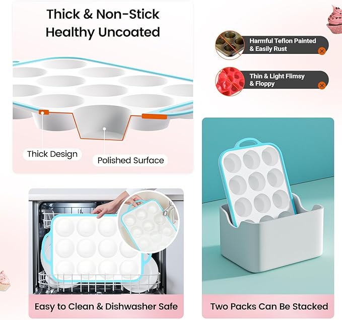 Silicone Muffin Pans for Baking 1 Pack, 2.6 Inch with Metal Reinforced Frame, Regular Size Nonstick Cupcake Pan 12 Cups for Baking Homemade Muffins, Dishwasher Safe BPA Free-Blue