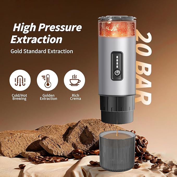 Stainless Steel Portable Espresso Maker | 7500mAh Rechargeable Battery | 20 Bar Self-Heating with USB-C | Works with Most Capsules Compatible for Camping, Travel, Outdoor (Silvery)