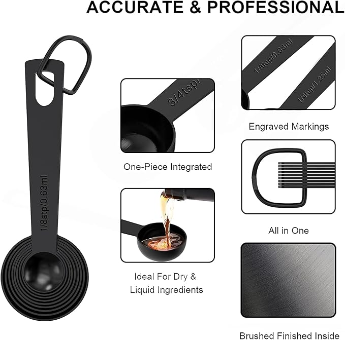 21 Pcs Stainless Steel Measuring Cups and Spoons Set, Wildone Stackable Metal Measuring Cups and Spoons for Cooking & Baking, Includes 7 Cups, 9 Spoons and 5 Mini Spoons（Black）