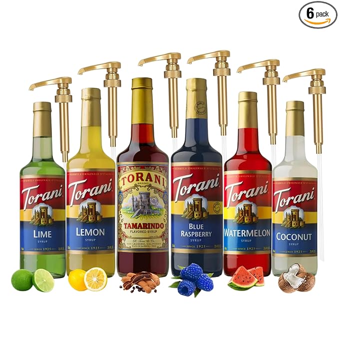 Summer Variety Syrup - Lemon, Lime, Coconut, Blue Raspberry, Watermelon & Tamarindo Syrups For Coffee,Italian Soda, Lattes, Frappes Flavor- 6 Pack With 6 Jimoco Pumps