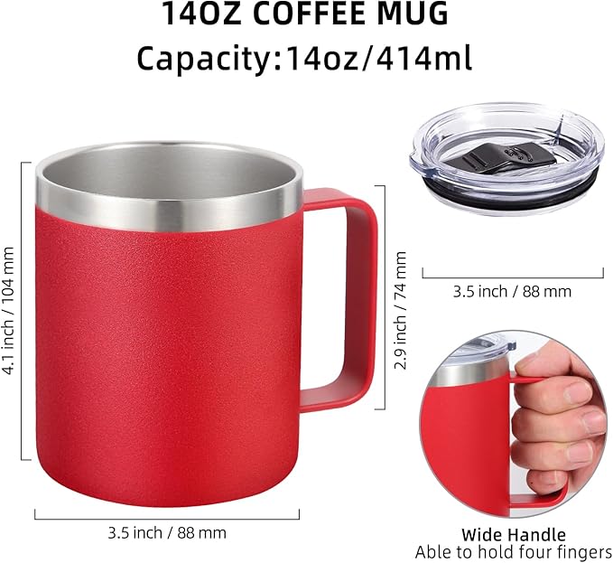 Volhoply 14oz Insulated Stainless Steel Coffee Mug with Lid Bulk 8 Pack,Double Wall Vacuum Travel Coffee Cup with Handle,Reusable Cups Tumbler Cup, Camping Mugs Keep Hot,Ideal Gifts(Assorted,8)