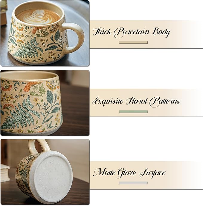 Floral Coffee Cup, 12oz Ceramic Hand Painted Porcelain Mug with Premium Gold Spoon, Cup for Cappuccino, Macchiato, Latte, Cafe, Tea, Unique Gift Idea (Summer's Whispers + Graceful Daisies)
